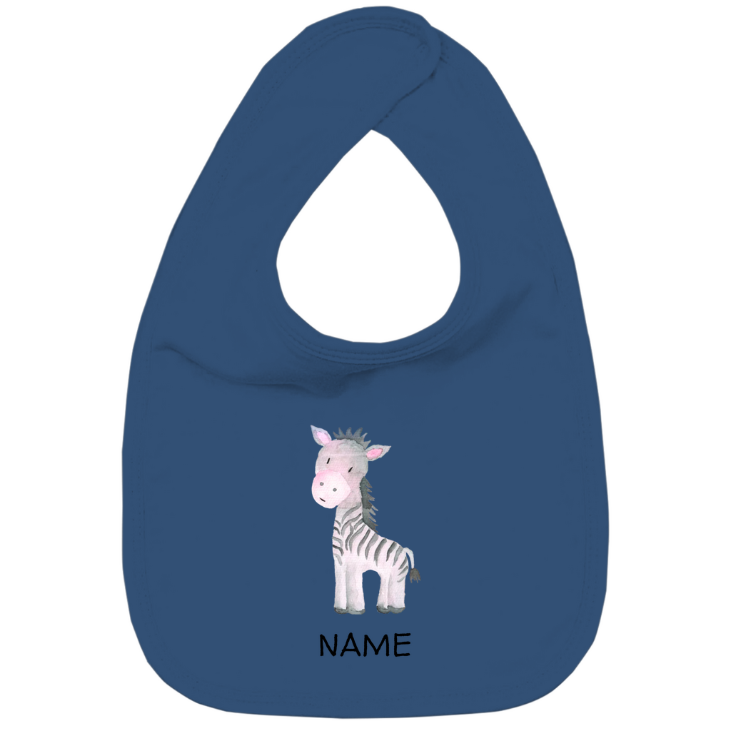Baby Lätzchen "Little Zebra" in Navy Blau: Handgezeichnetes Zebra-Tiermotiv in Rosa- und Grautönen, personalisierbar mit Namen