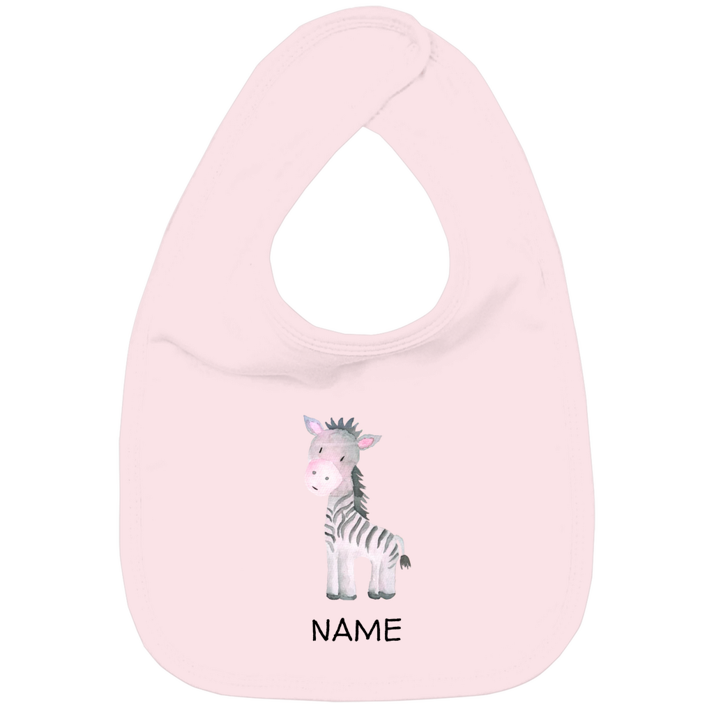 Baby Lätzchen "Little Zebra" in Rosa: Handgezeichnetes Zebra-Tiermotiv in Rosa- und Grautönen, personalisierbar mit Namen