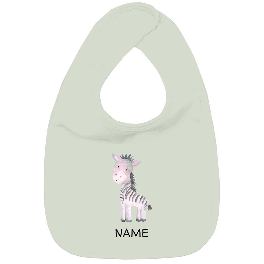Baby Lätzchen "Little Zebra" in Sage: Handgezeichnetes Zebra-Tiermotiv in Rosa- und Grautönen, personalisierbar mit Namen