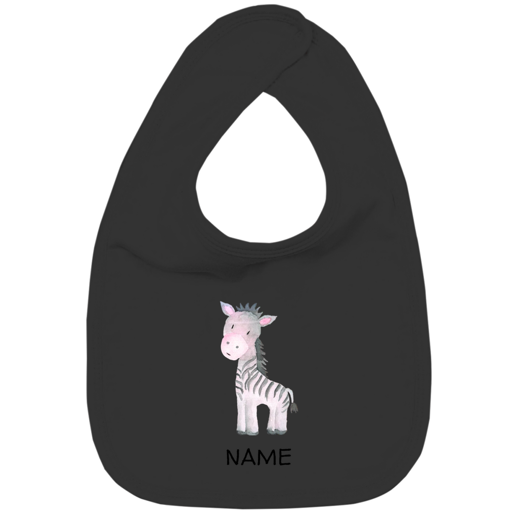 Baby Lätzchen "Little Zebra" in Schwarz: Handgezeichnetes Zebra-Tiermotiv in Rosa- und Grautönen, personalisierbar mit Namen