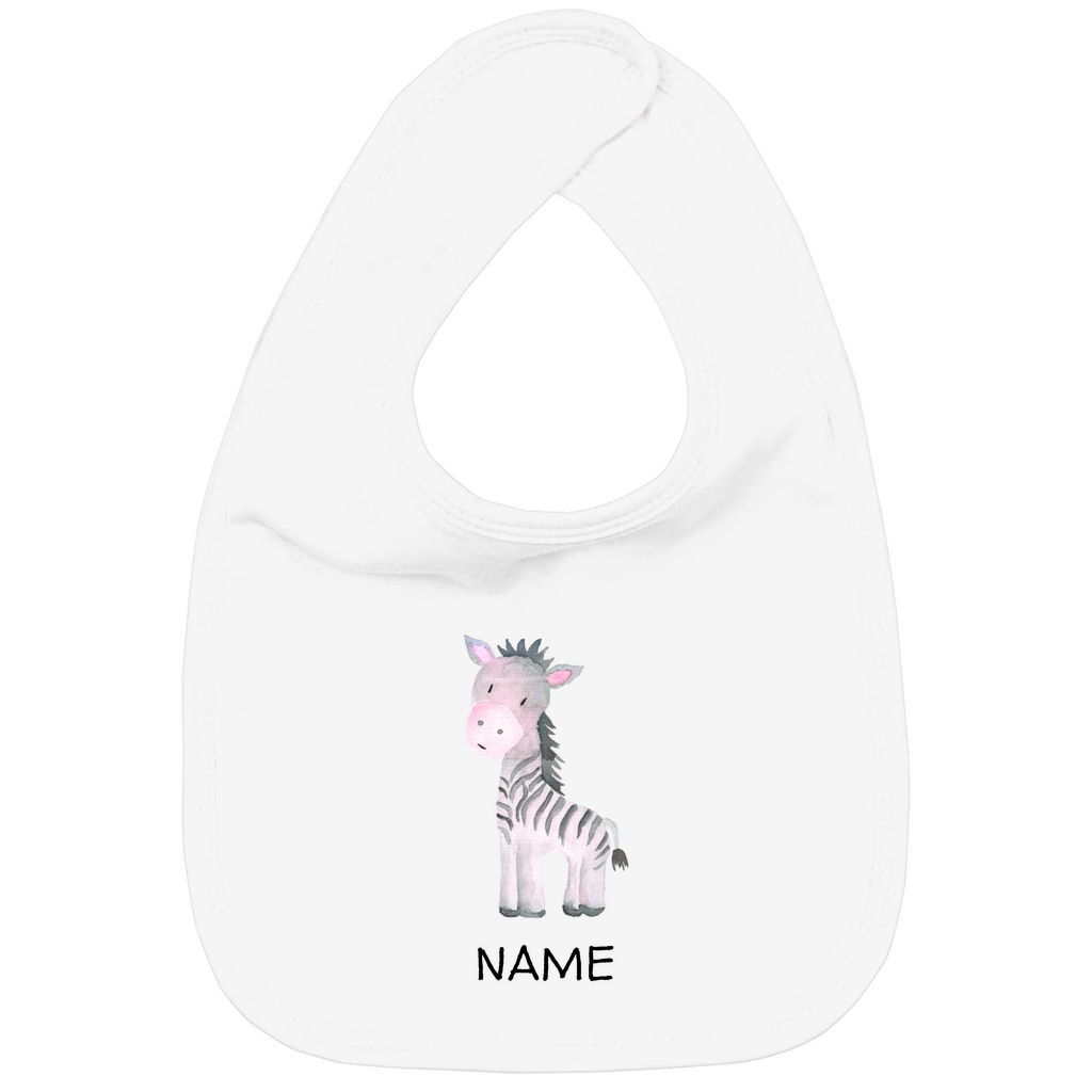 Baby Lätzchen "Little Zebra" in Weiß: Handgezeichnetes Zebra-Tiermotiv in Rosa- und Grautönen, personalisierbar mit Namen