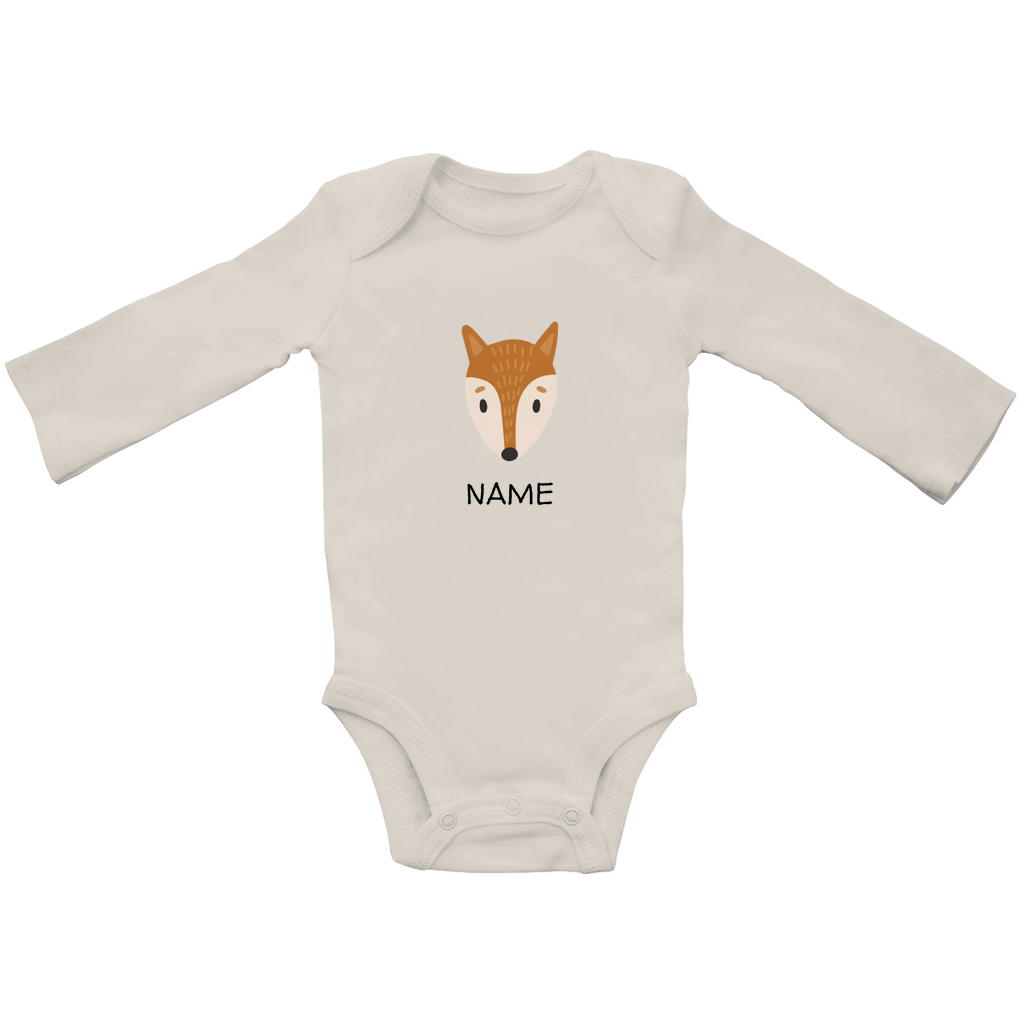 Baby Langarm Body "Clever Fox" in Beige: Minimalistisches Fuchs-Tiermotiv im skandinavischen Design, personalisierbar mit Namen