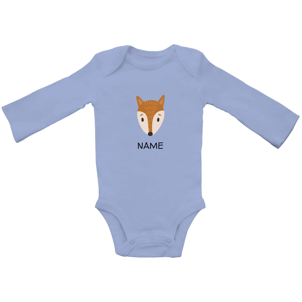 Baby Langarm Body "Clever Fox" in Blau: Minimalistisches Fuchs-Tiermotiv im skandinavischen Design, personalisierbar mit Namen