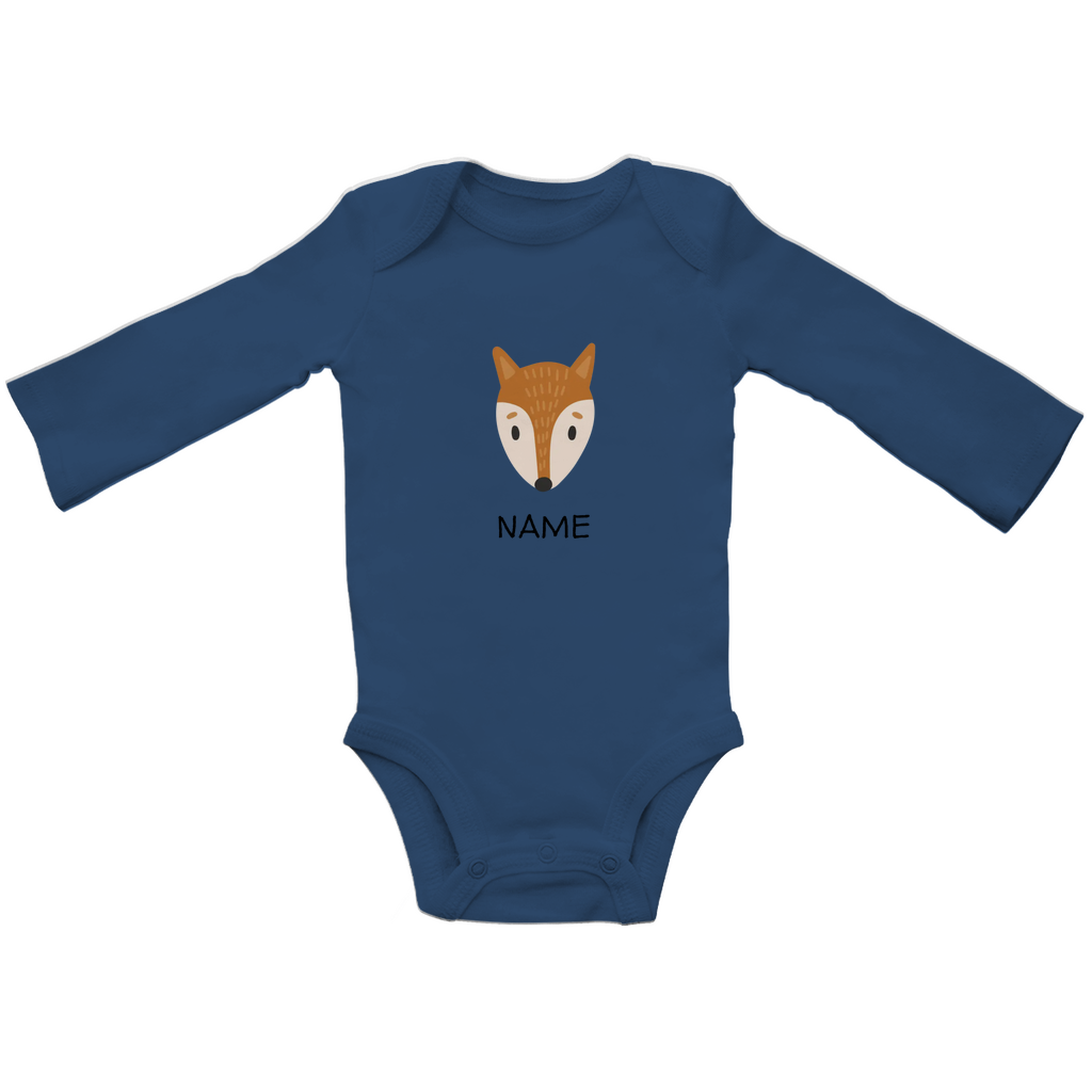 Baby Langarm Body "Clever Fox" in Navy Blau: Minimalistisches Fuchs-Tiermotiv im skandinavischen Design, personalisierbar mit Namen