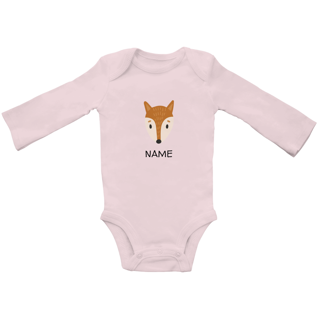 Baby Langarm Body "Clever Fox" in Rosa: Minimalistisches Fuchs-Tiermotiv im skandinavischen Design, personalisierbar mit Namen