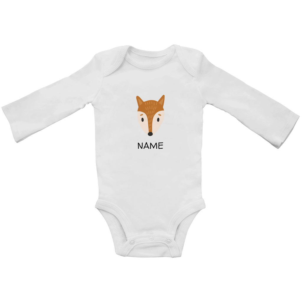 Baby Langarm Body "Clever Fox" in Weiß: Minimalistisches Fuchs-Tiermotiv im skandinavischen Design, personalisierbar mit Namen