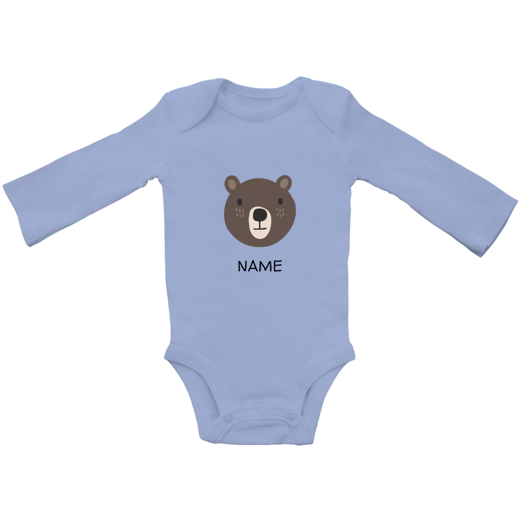 Baby Langarm Body "Cuddly Bear" in Blau: Minimalistisches Bären-Tiermotiv im skandinavischen Design, personalisierbar mit Namen