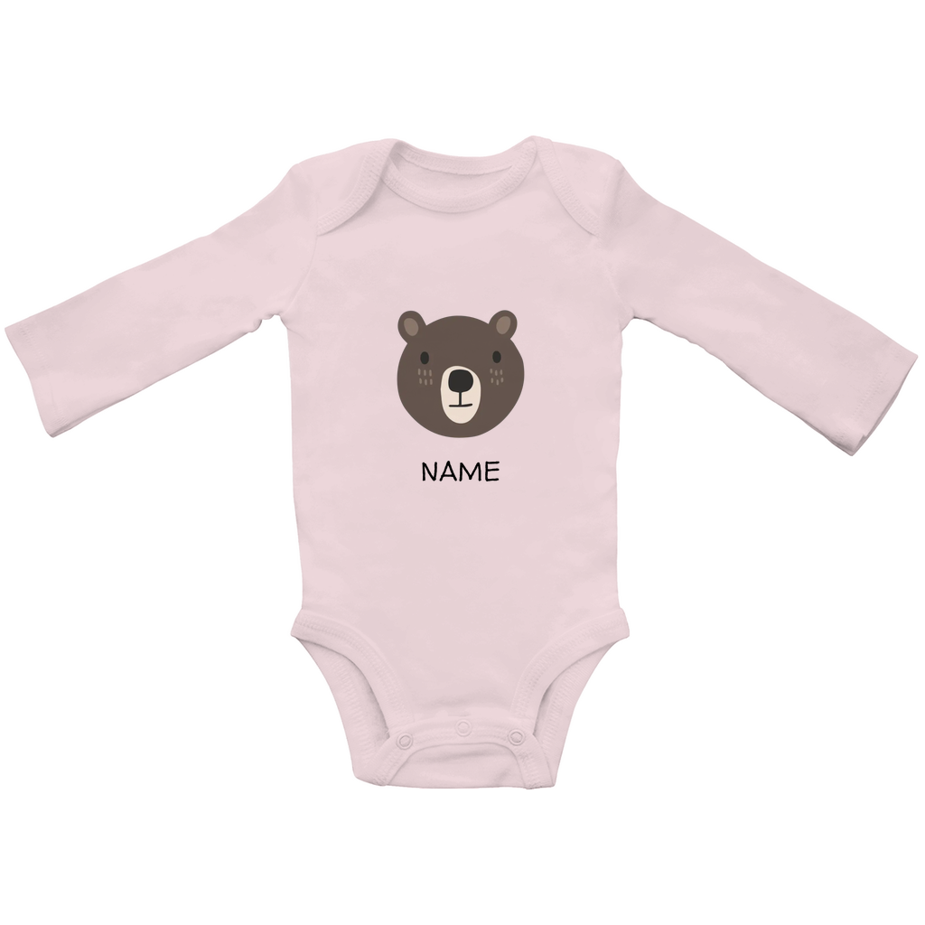 Baby Langarm Body "Cuddly Bear" in Rosa: Minimalistisches Bären-Tiermotiv im skandinavischen Design, personalisierbar mit Namen