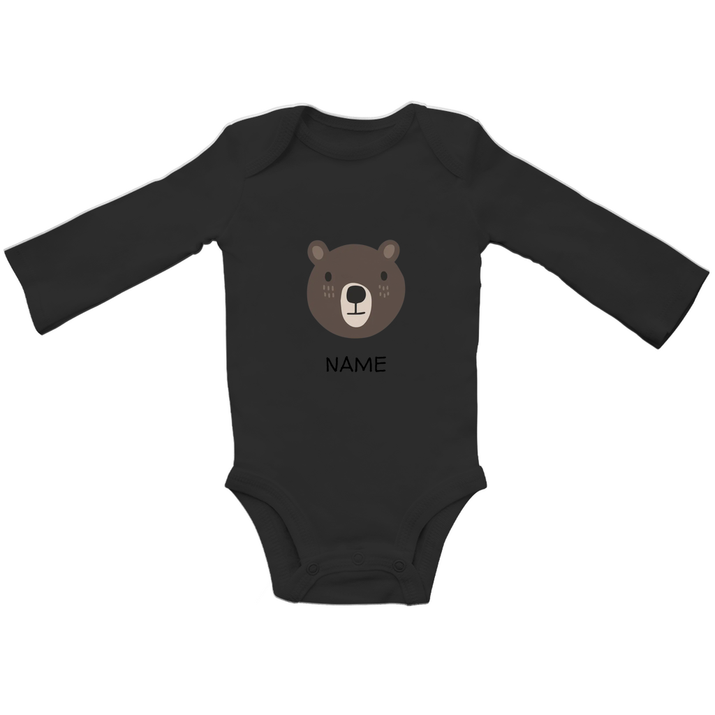 Baby Langarm Body "Cuddly Bear" in Schwarz: Minimalistisches Bären-Tiermotiv im skandinavischen Design, personalisierbar mit Namen