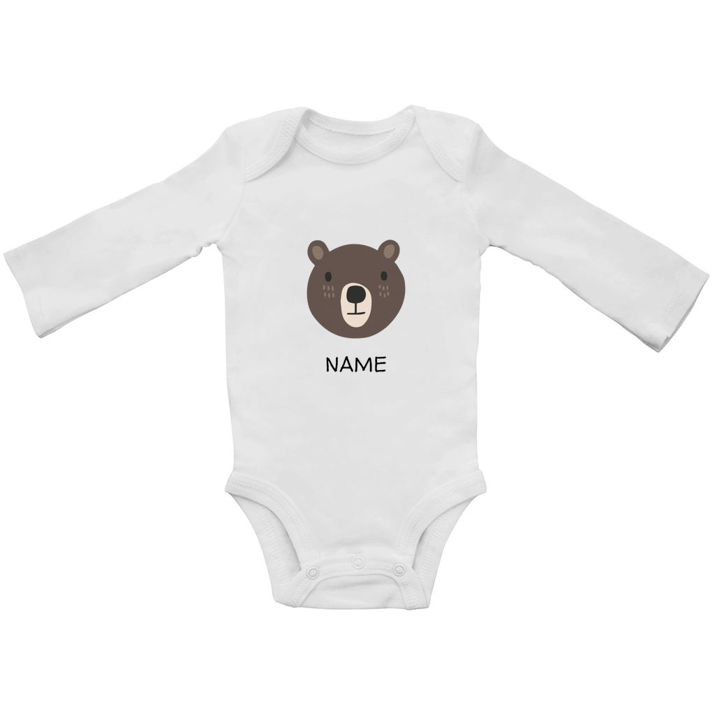 Baby Langarm Body "Cuddly Bear" in Weiß: Minimalistisches Bären-Tiermotiv im skandinavischen Design, personalisierbar mit Namen