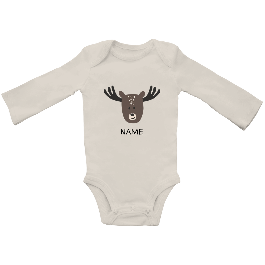 Baby Langarm Body "Little Moose" in Beige: Minimalistisches Elch-Tiermotiv im skandinavischen Design, personalisierbar mit Namen