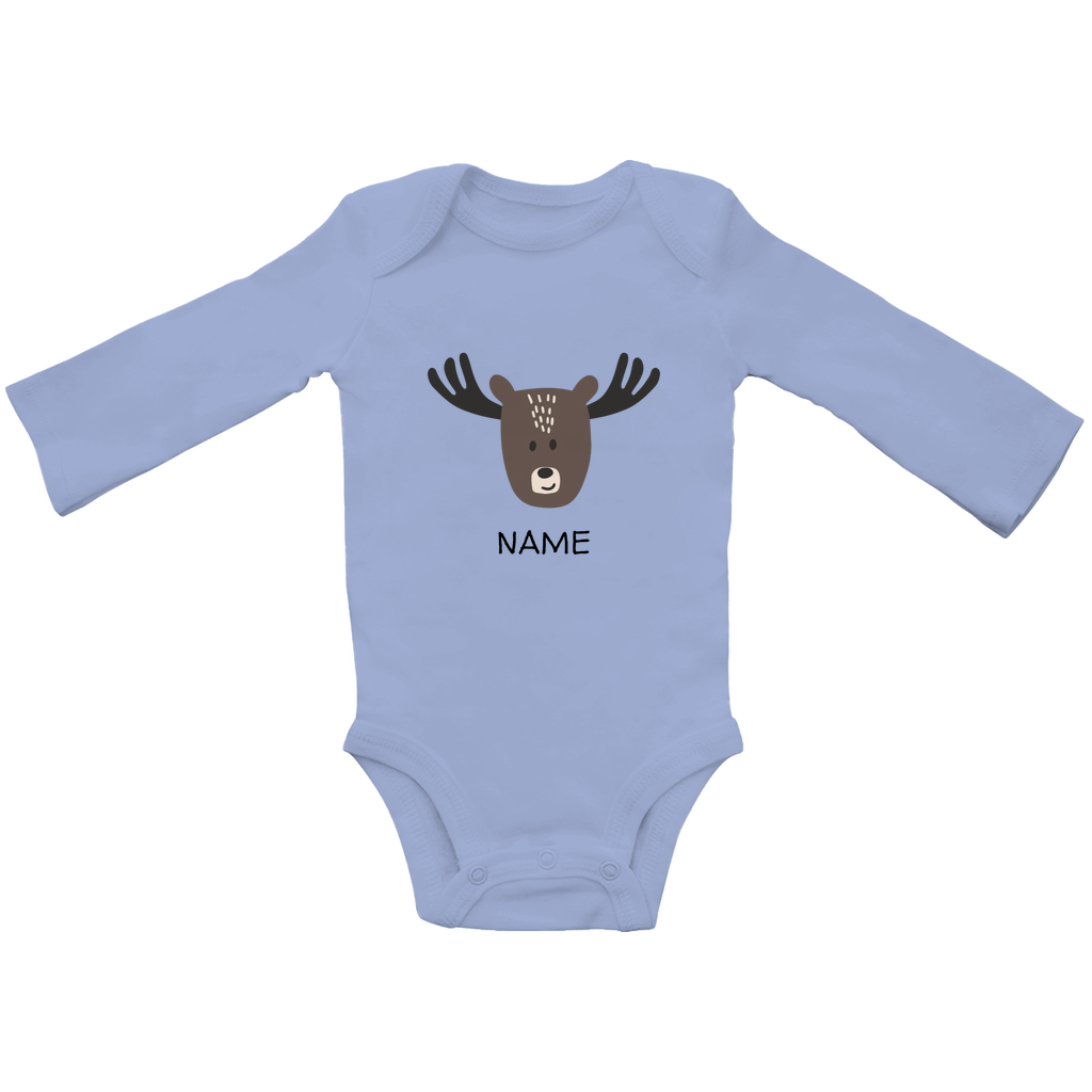 Baby langarm Body "Little Moose" in Blau: Minimalistisches Elch-Tiermotiv im skandinavischen Design, personalisierbar mit Namen