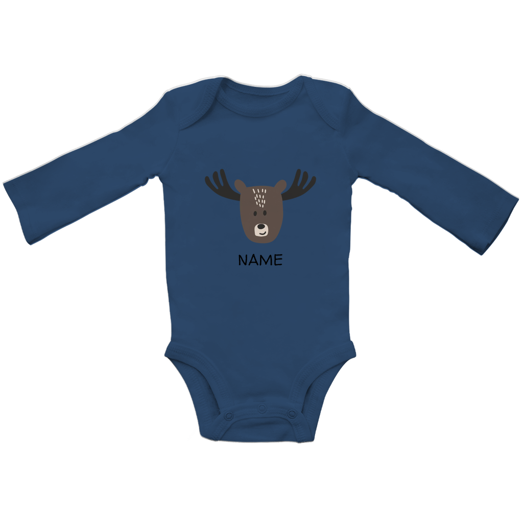 Baby langarm Body "Little Moose" in Navy Blau: Minimalistisches Elch-Tiermotiv im skandinavischen Design, personalisierbar mit Namen