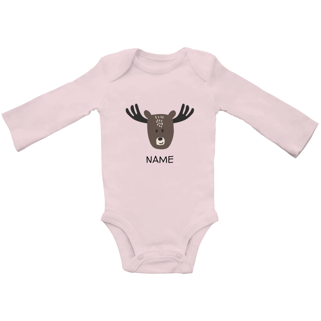 Baby langarm Body "Little Moose" in Rosa: Minimalistisches Elch-Tiermotiv im skandinavischen Design, personalisierbar mit Namen