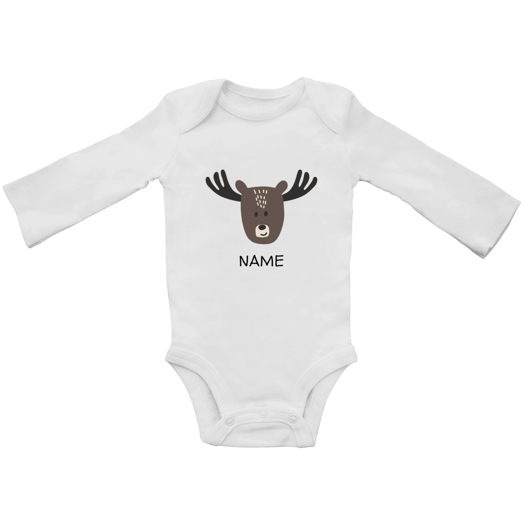 Baby Langarm Body "Little Moose" in Weiß: Minimalistisches Elch-Tiermotiv im skandinavischen Design, personalisierbar mit Namen