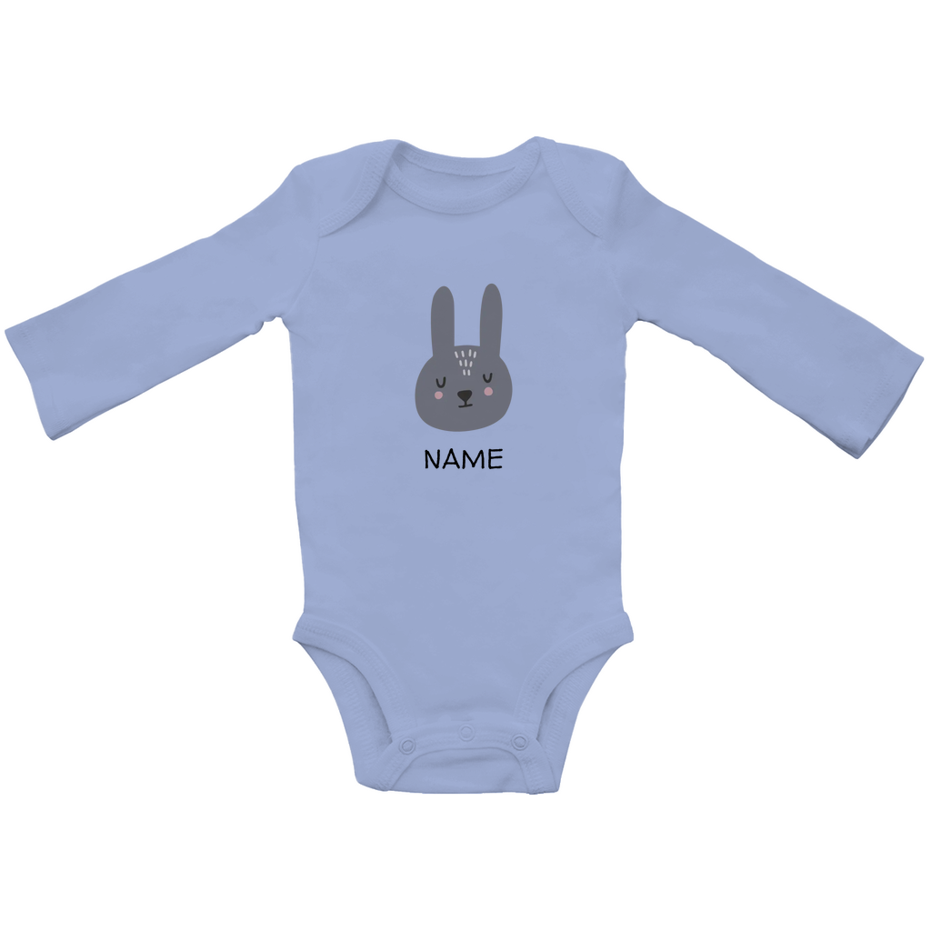 Baby Langarm Body "Sweet Bunny" in Blau: Minimalistisches Hasen-Tiermotiv im skandinavischen Design, personalisierbar mit Namen