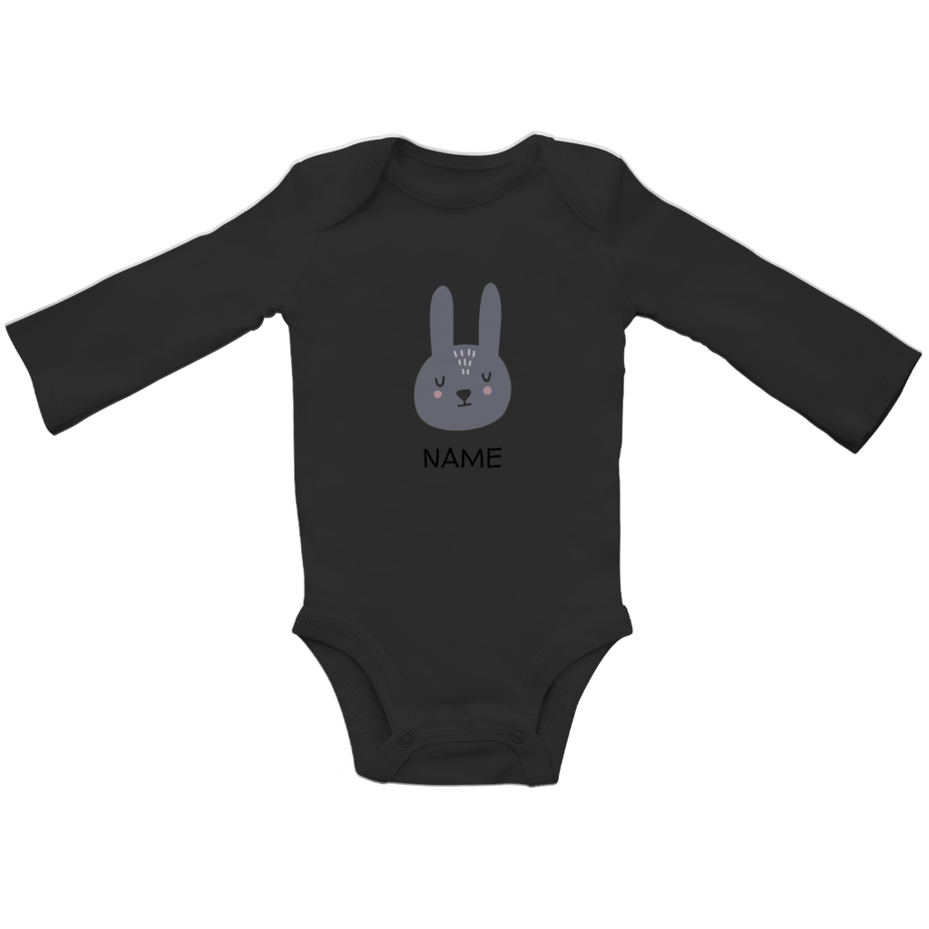 Baby Langarm Body "Sweet Bunny" in Schwarz: Minimalistisches Hasen-Tiermotiv im skandinavischen Design, personalisierbar mit Namen