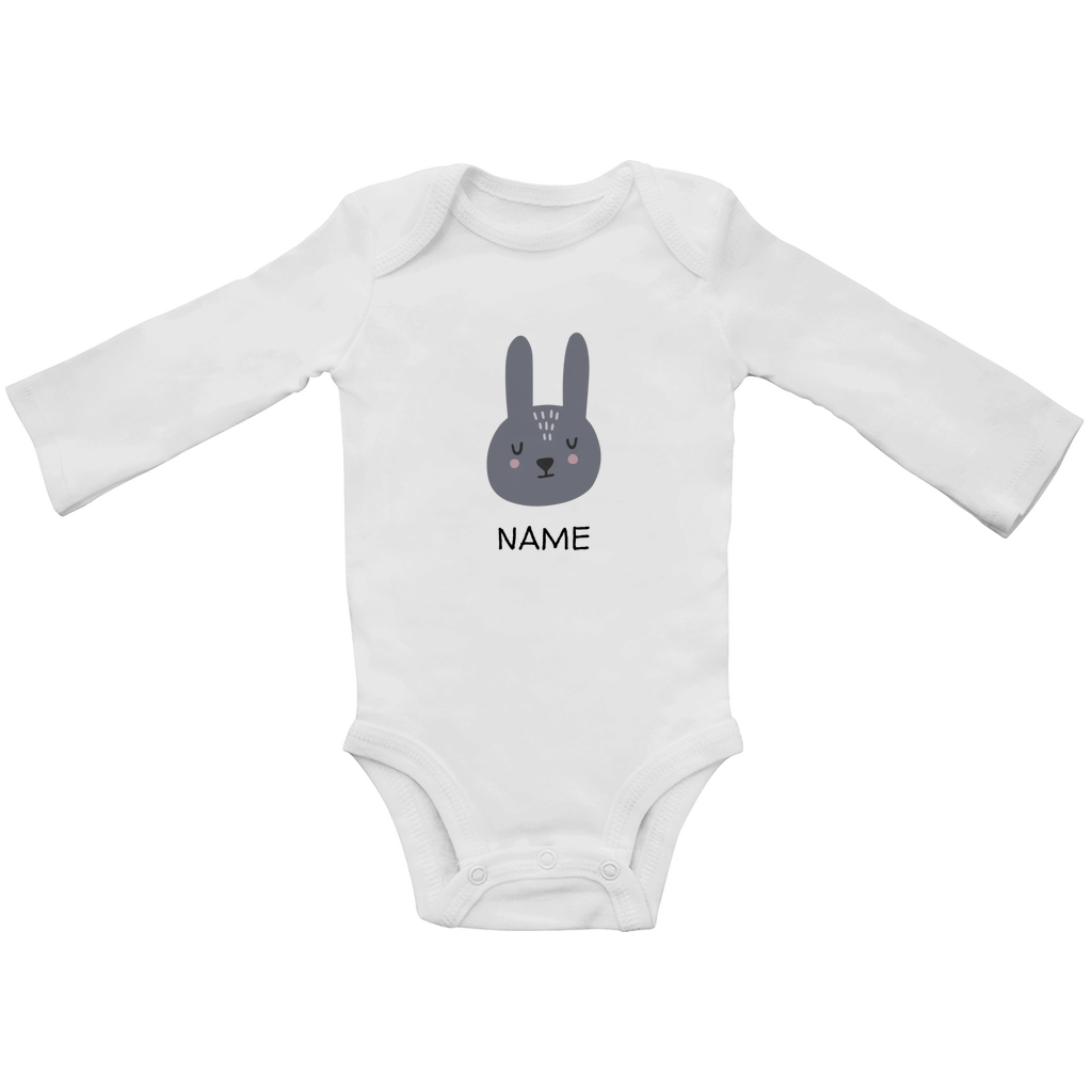 Baby Langarm Body "Sweet Bunny" in Weiß: Minimalistisches Hasen-Tiermotiv im skandinavischen Design, personalisierbar mit Namen