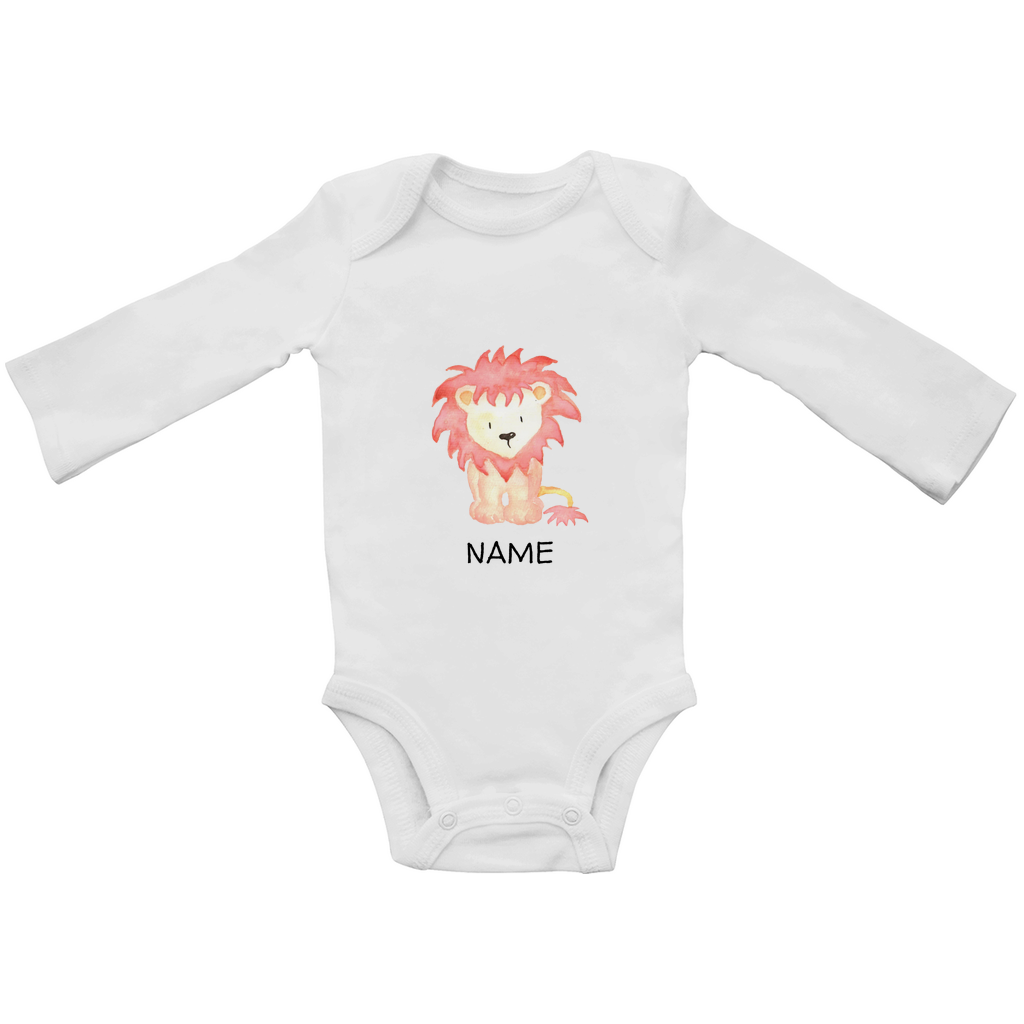 Baby Langarm Body "Little Lion" in Weiß mit Löwen Motiv: Verspielter Löwe mit wilder Mähne, personalisierbar mit Wunschname