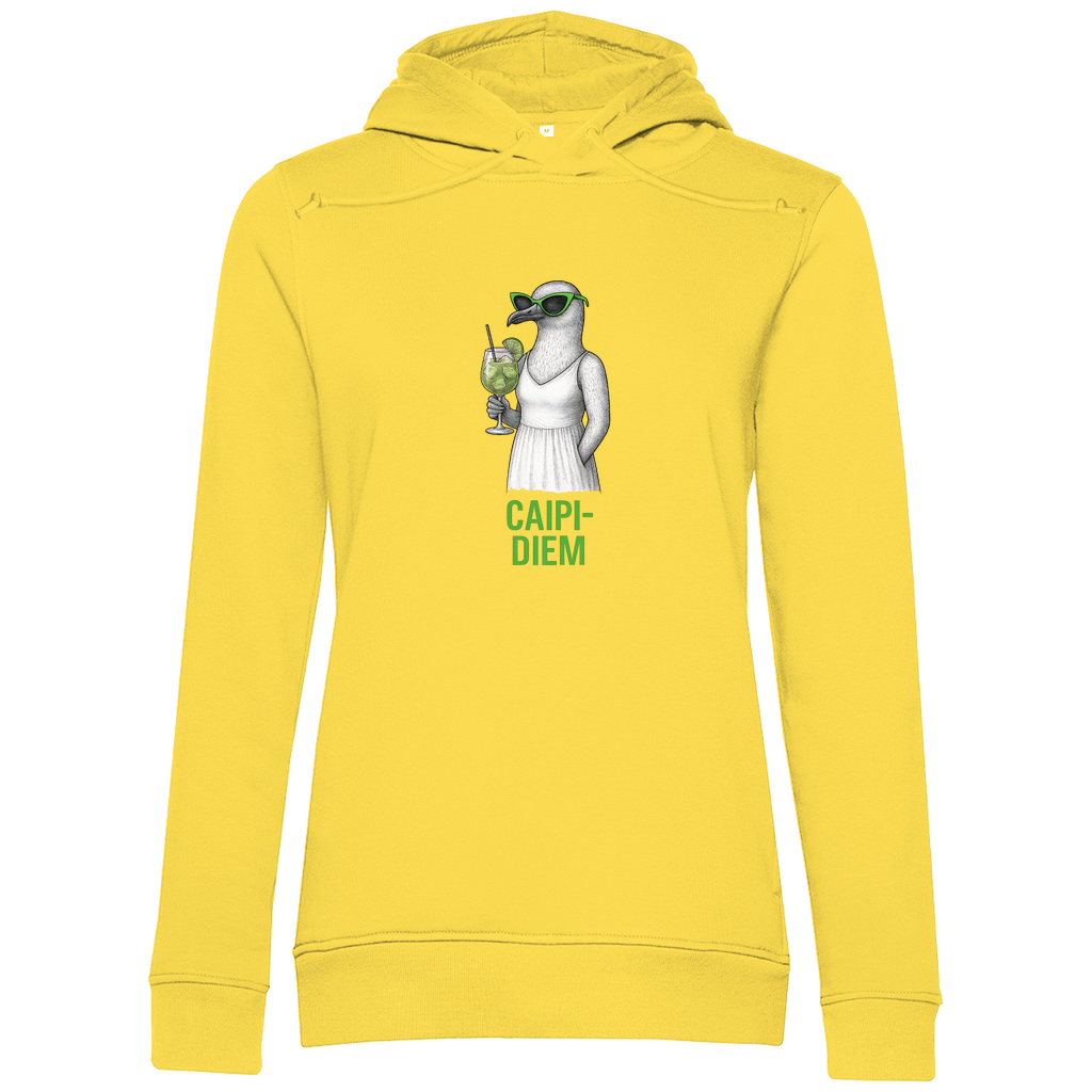 Damen Hoodie „Caipi-Diem“ aus Bio-Baumwolle in Gelb – Sommerprint mit Möwe, Sonnenbrille und Cocktail