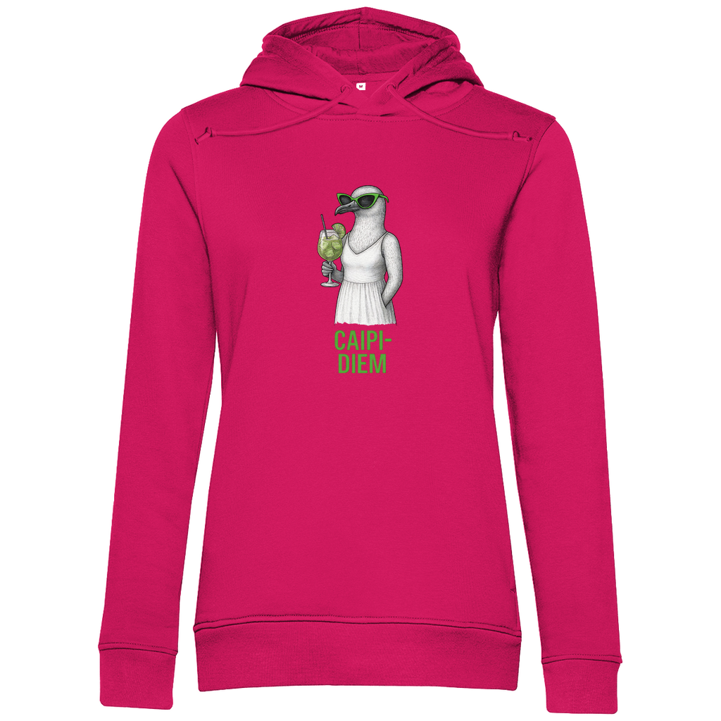 Damen Hoodie „Caipi-Diem“ aus Bio-Baumwolle in Magenta Pink – Sommerprint mit Möwe, Sonnenbrille und Cocktail