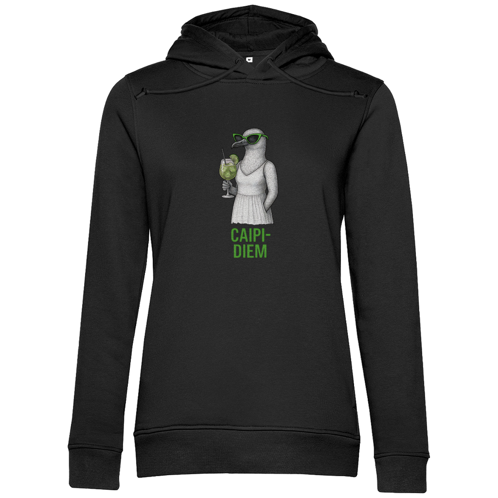 Damen Hoodie „Caipi-Diem“ aus Bio-Baumwolle in Schwarz – Sommerprint mit Möwe, Sonnenbrille und Cocktail