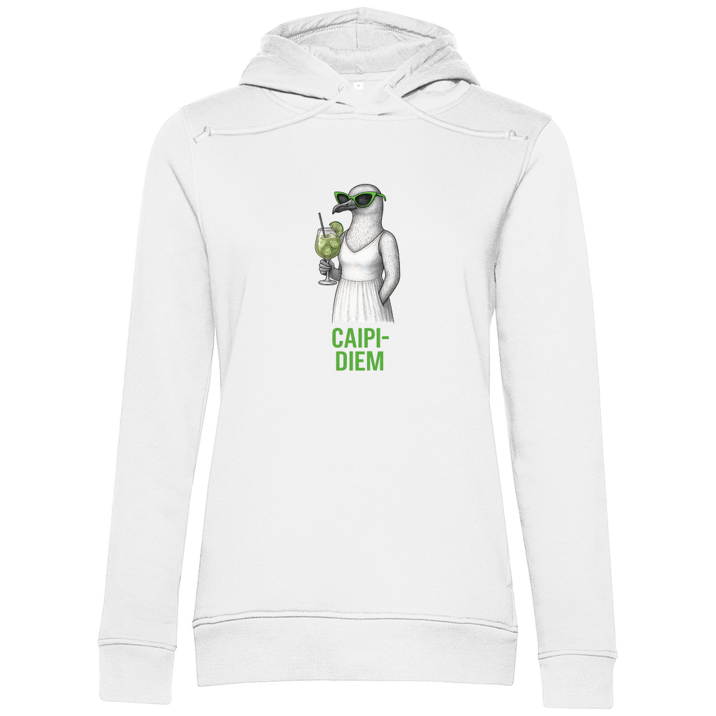 Damen Hoodie „Caipi-Diem“ aus Bio-Baumwolle in Weiß – Sommerprint mit Möwe, Sonnenbrille und Cocktail