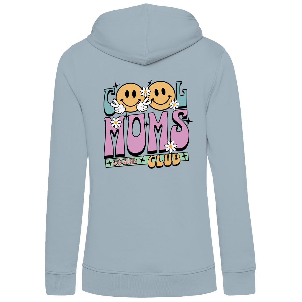 Damen Hoodie „Cool Moms Social Club“ mit Rückenprint aus Bio-Baumwolle in Blau – Ausdrucksstarkes Design mit Retro-Schriftzug für stolze Mamas