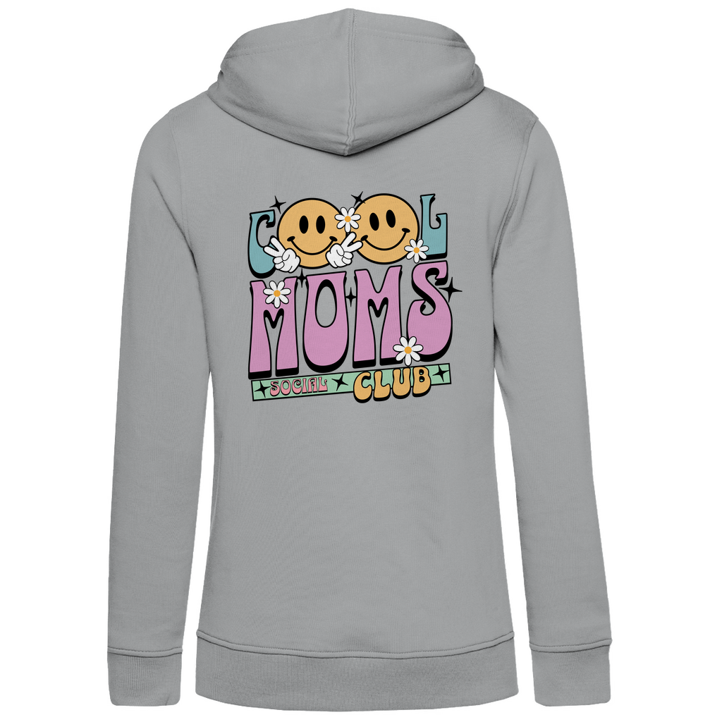 Damen Hoodie „Cool Moms Social Club“ mit Rückenprint aus Bio-Baumwolle in Grau – Ausdrucksstarkes Design mit Retro-Schriftzug für stolze Mamas