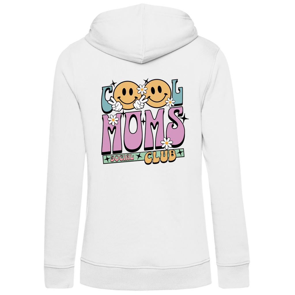Damen Hoodie „Cool Moms Social Club“ mit Rückenprint aus Bio-Baumwolle in Weiß – Ausdrucksstarkes Design mit Retro-Schriftzug für stolze Mamas