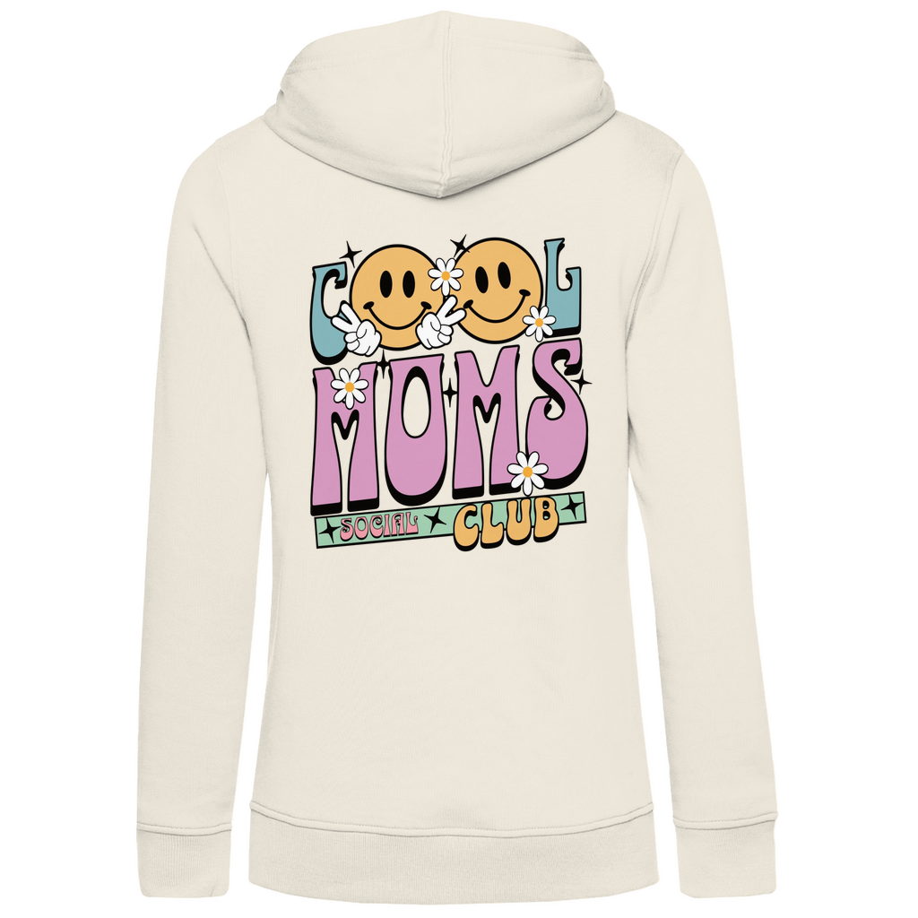 Damen Hoodie „Cool Moms Social Club“ personalisierbar mit Rückenprint aus Bio-Baumwolle in Beige – großer Retro-Schriftzug „Cool Moms“ mit floralen Elementen