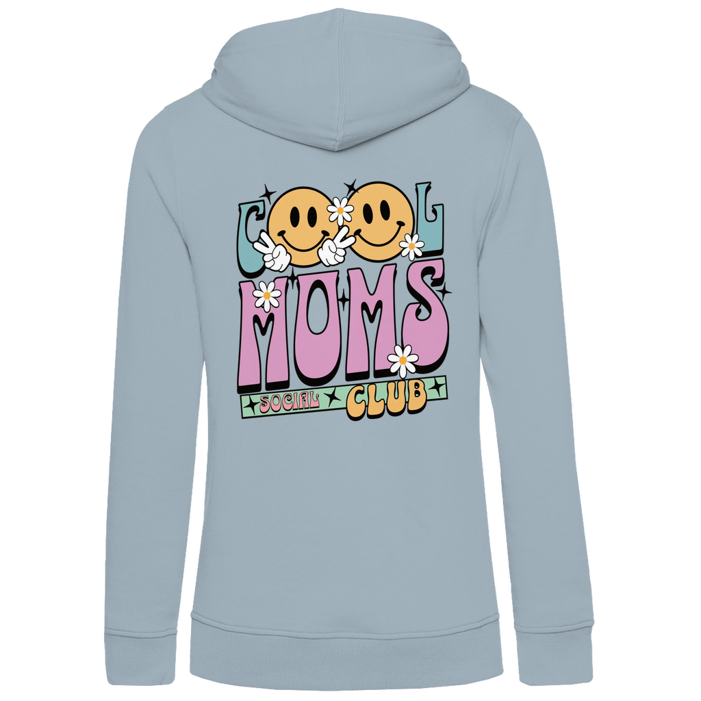 Damen Hoodie „Cool Moms Social Club“ personalisierbar mit Rückenprint aus Bio-Baumwolle in Blau – großer Retro-Schriftzug „Cool Moms“ mit floralen Elementen