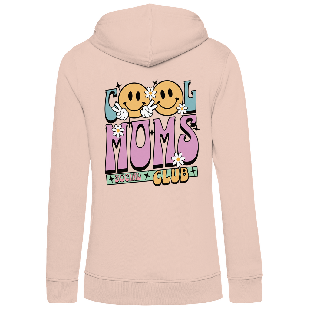 Damen Hoodie „Cool Moms Social Club“ personalisierbar mit Rückenprint aus Bio-Baumwolle in Rosa – großer Retro-Schriftzug „Cool Moms“ mit floralen Elementen