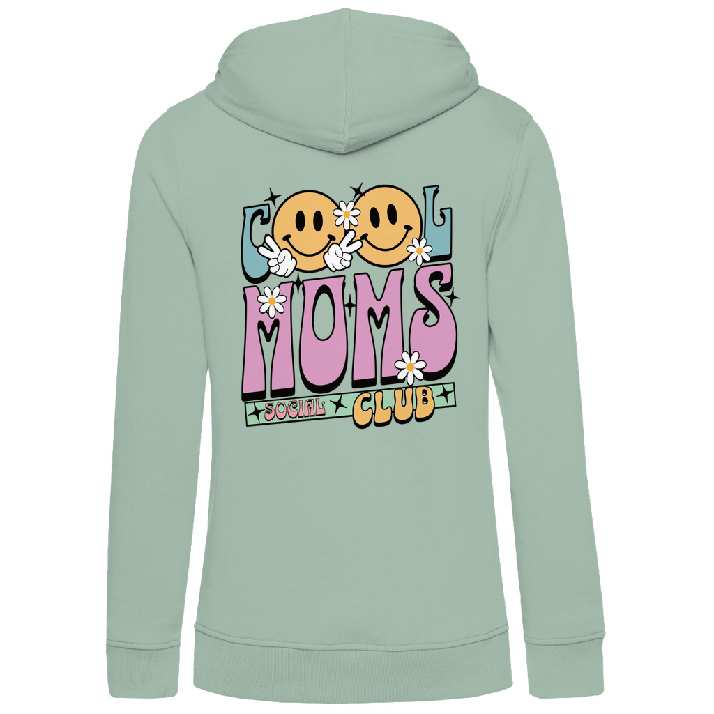 Damen Hoodie „Cool Moms Social Club“ personalisierbar mit Rückenprint aus Bio-Baumwolle in Sage – großer Retro-Schriftzug „Cool Moms“ mit floralen Elementen