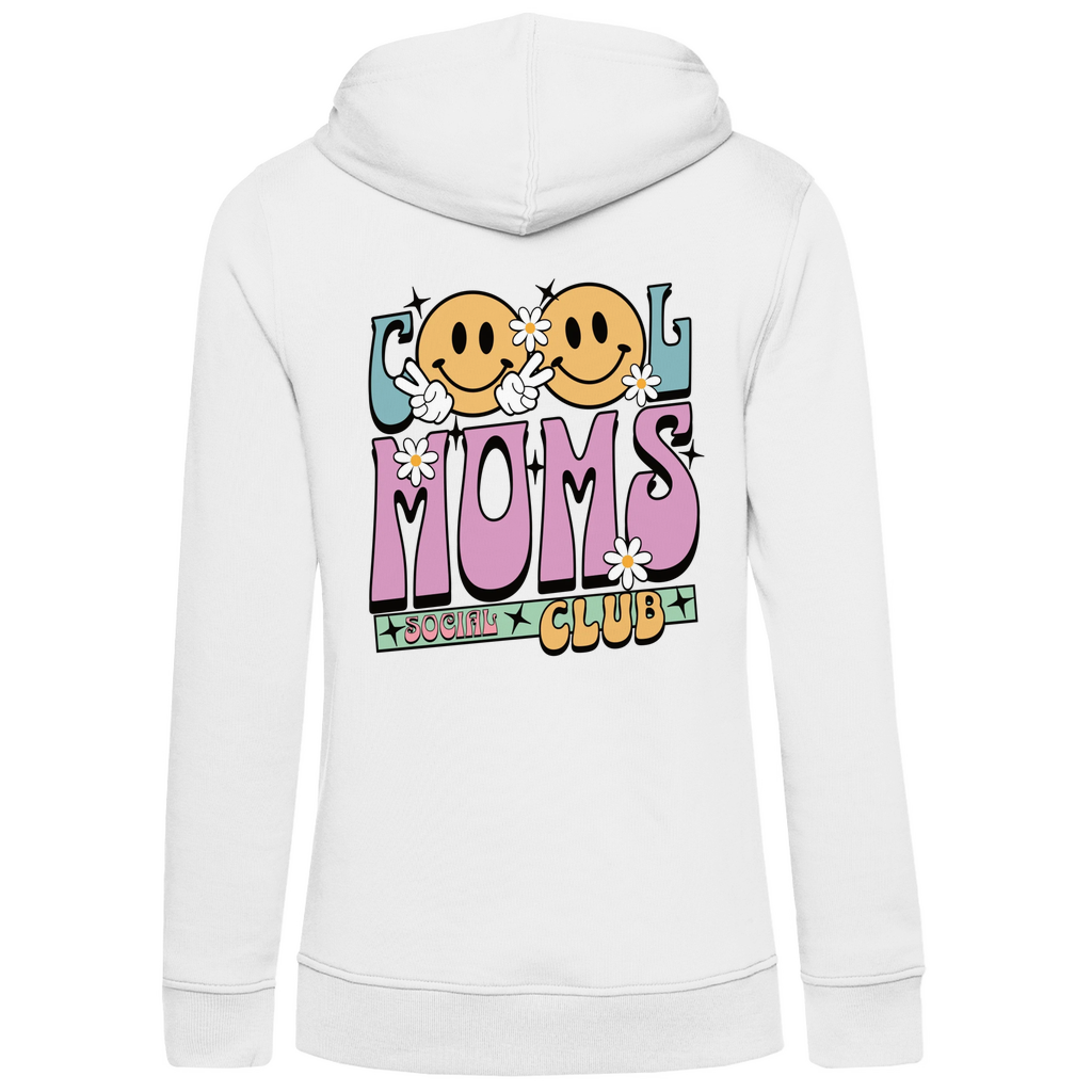 Damen Hoodie „Cool Moms Social Club“ personalisierbar mit Rückenprint aus Bio-Baumwolle in Weiß – großer Retro-Schriftzug „Cool Moms“ mit floralen Elementen