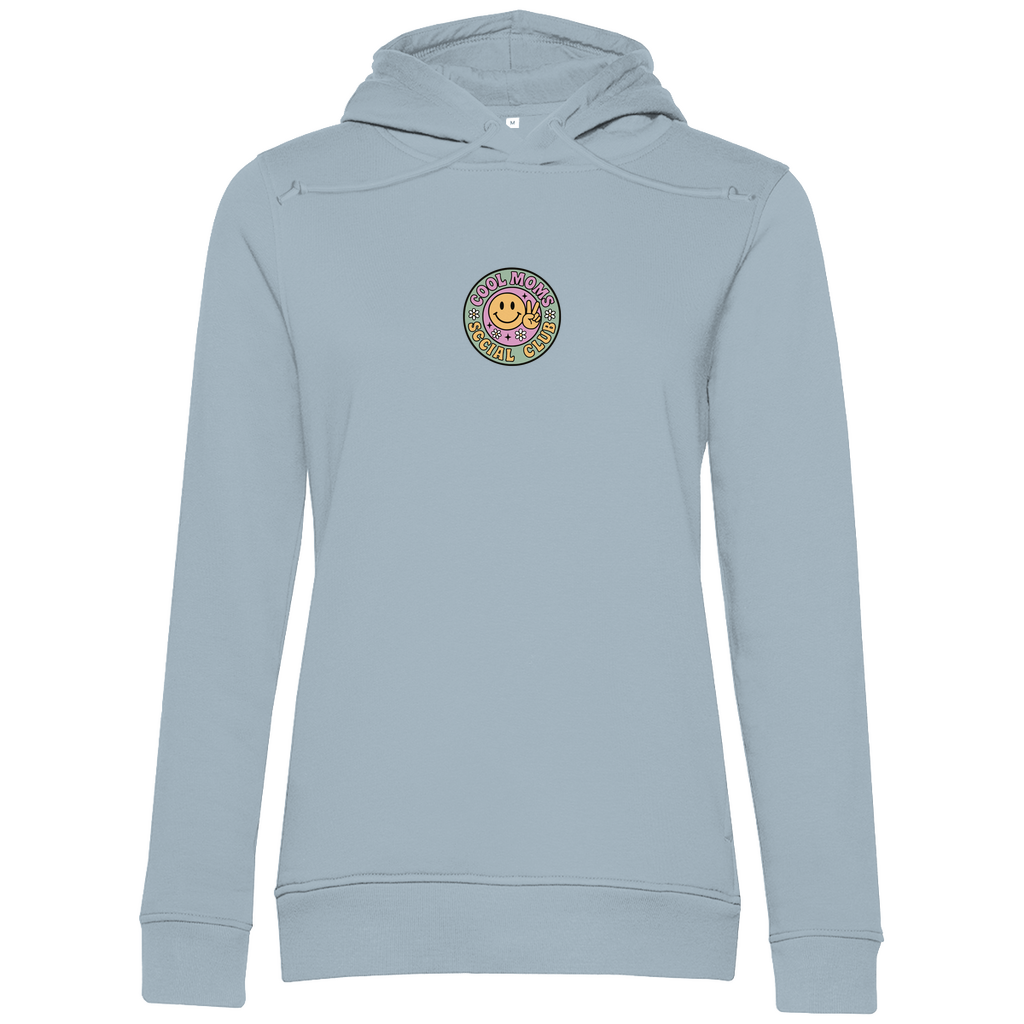 Damen Hoodie „Cool Moms Social Club“ mit Frontprint aus Bio-Baumwolle in Blau – Angesagtes Retro-Design für modebewusste Mamas