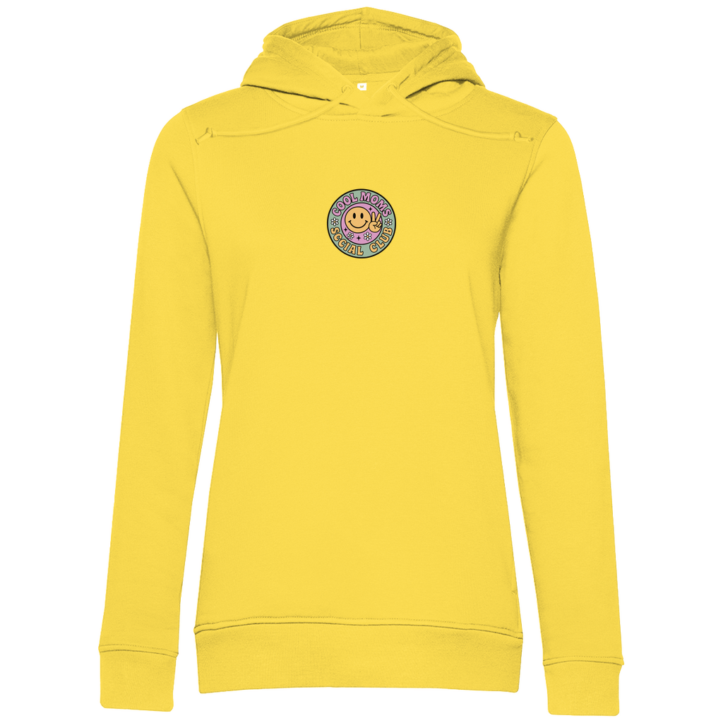 Damen Hoodie „Cool Moms Social Club“ mit Frontprint aus Bio-Baumwolle in Gelb – Angesagtes Retro-Design für modebewusste Mamas