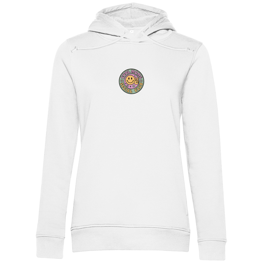 Damen Hoodie „Cool Moms Social Club“ mit Frontprint aus Bio-Baumwolle in Weiß – Angesagtes Retro-Design für modebewusste Mamas