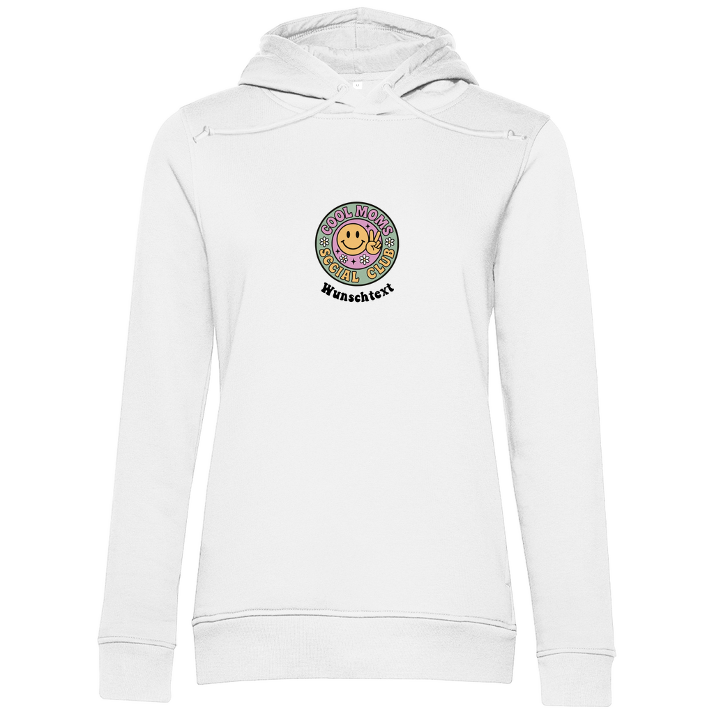 Damen Hoodie „Cool Moms Social Club“ personalisierbar mit Frontprint aus Bio-Baumwolle in Weiß – Club-Design mit Wunschtext