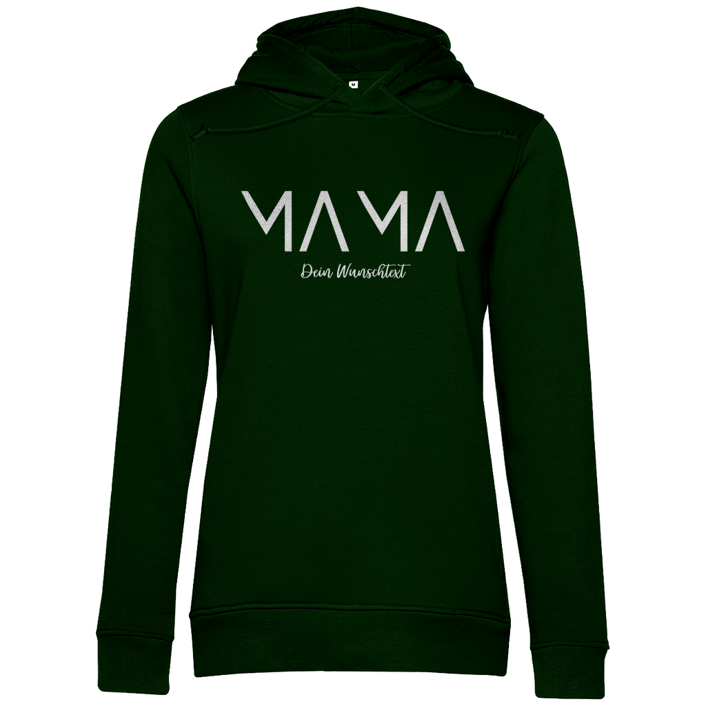 Damen Hoodie „MAMA Bright“ aus Bio-Baumwolle in dunklem Grün – personalisierbarer Weiß-Print für stolze und modebewusste Mamas