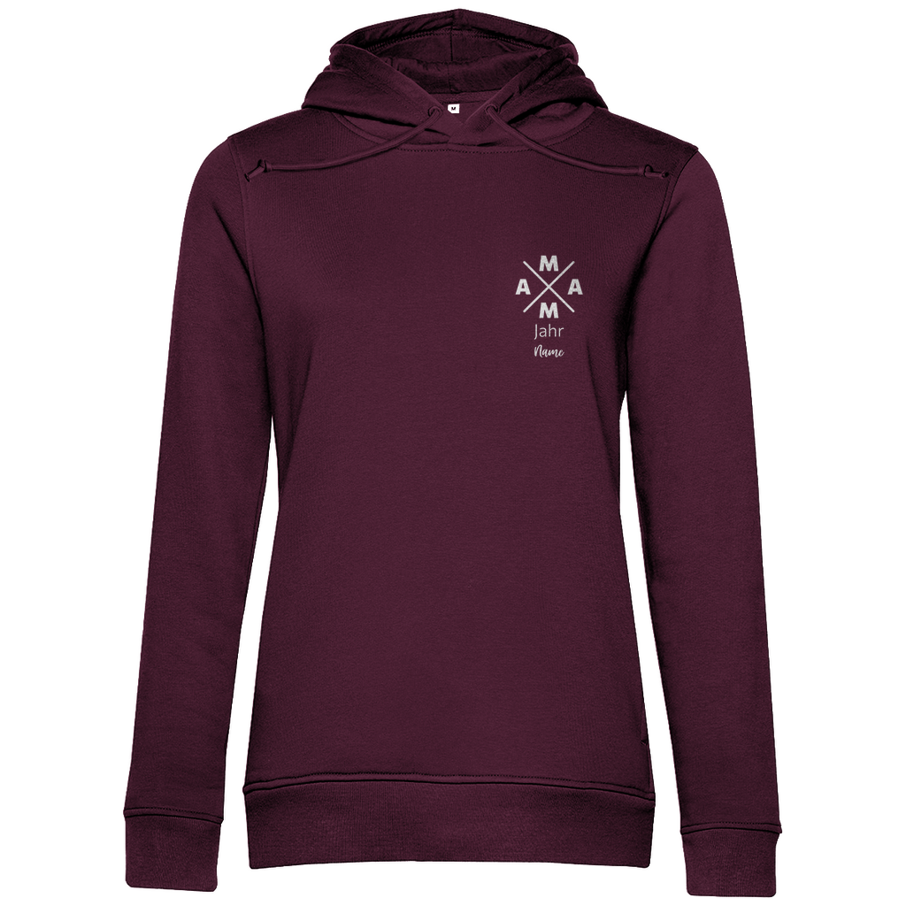 Damen Hoodie „MAMA X Mini – Dark Edition“ in Burgundy (Weinrot) – personalisierbarer Weiß-Print mit Jahr & Name auf dunklem Kapuzenpullover, modernes Mama-Design. Ideal als Geschenk zum Geburtstag oder Muttertag.