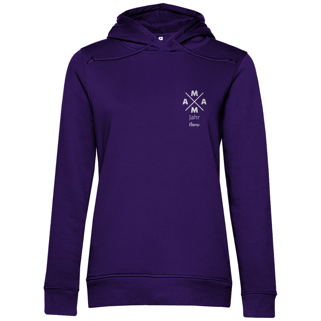 Damen Hoodie „MAMA X Mini – Dark Edition“ in Lila – personalisierbarer Weiß-Print mit Jahr & Name auf dunklem Kapuzenpullover, modernes Mama-Design. Ideal als Geschenk zum Geburtstag oder Muttertag.