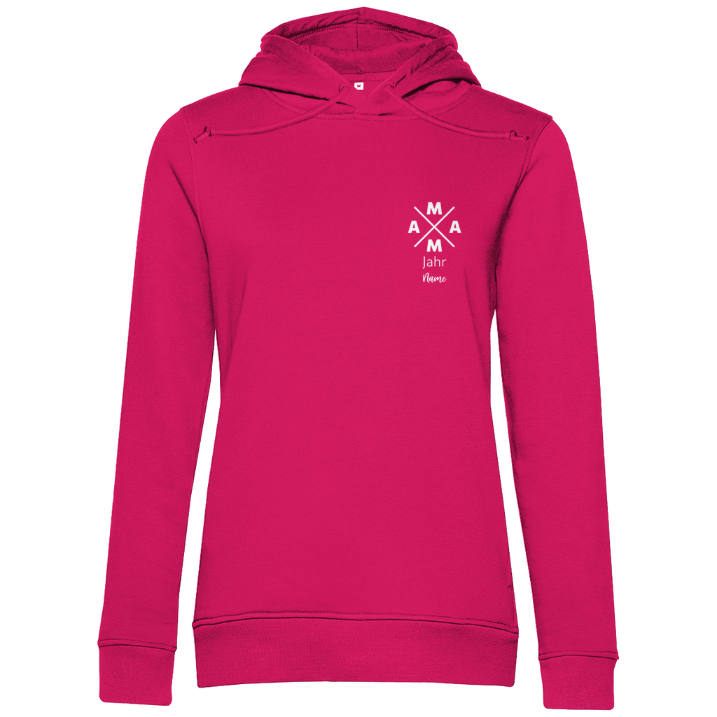 Damen Hoodie „MAMA X Mini – Dark Edition“ in Magenta Pink – personalisierbarer Weiß-Print mit Jahr & Name auf dunklem Kapuzenpullover, modernes Mama-Design. Ideal als Geschenk zum Geburtstag oder Muttertag.