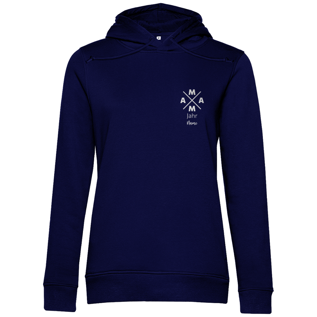Damen Hoodie „MAMA X Mini – Dark Edition“ in Navy Blau – personalisierbarer Weiß-Print mit Jahr & Name auf dunklem Kapuzenpullover, modernes Mama-Design. Ideal als Geschenk zum Geburtstag oder Muttertag.