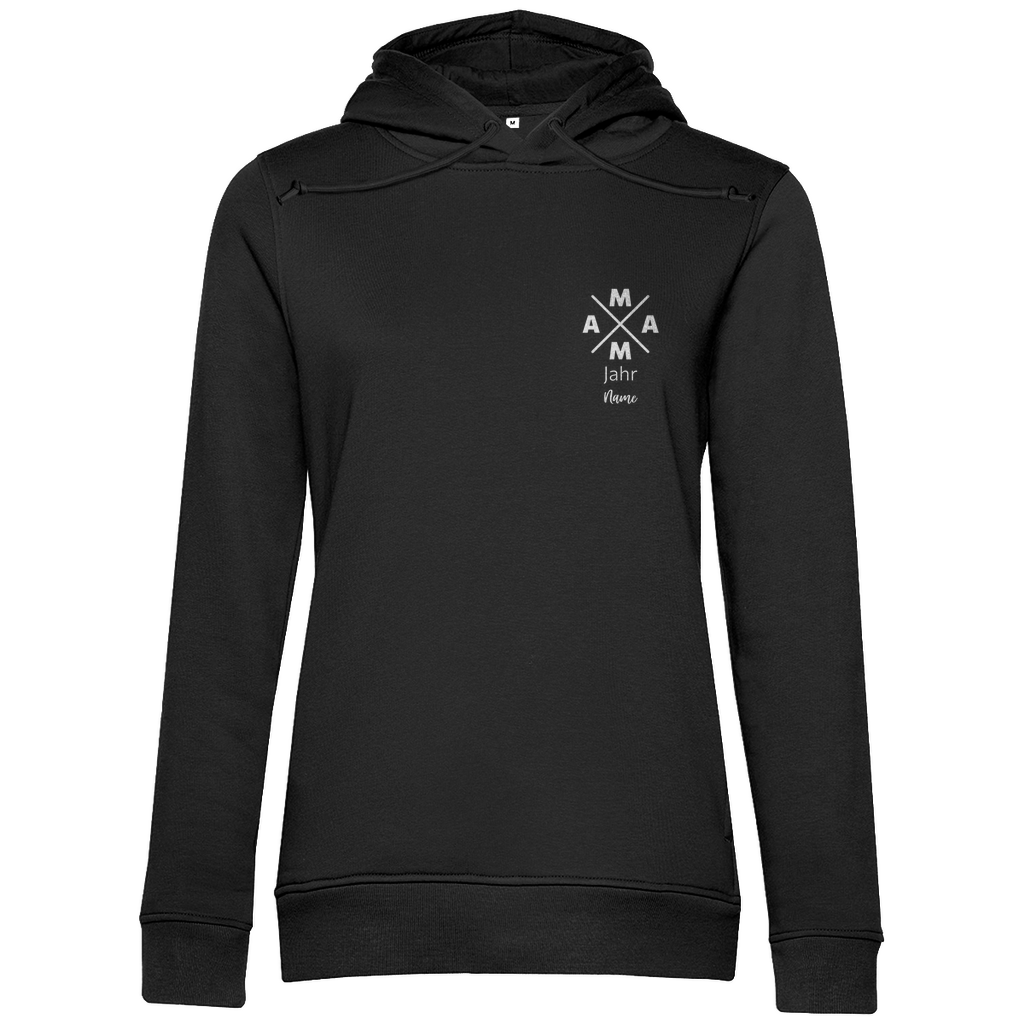 Damen Hoodie „MAMA X Mini – Dark Edition“ in Schwarz – personalisierbarer Weiß-Print mit Jahr & Name auf dunklem Kapuzenpullover, modernes Mama-Design. Ideal als Geschenk zum Geburtstag oder Muttertag.