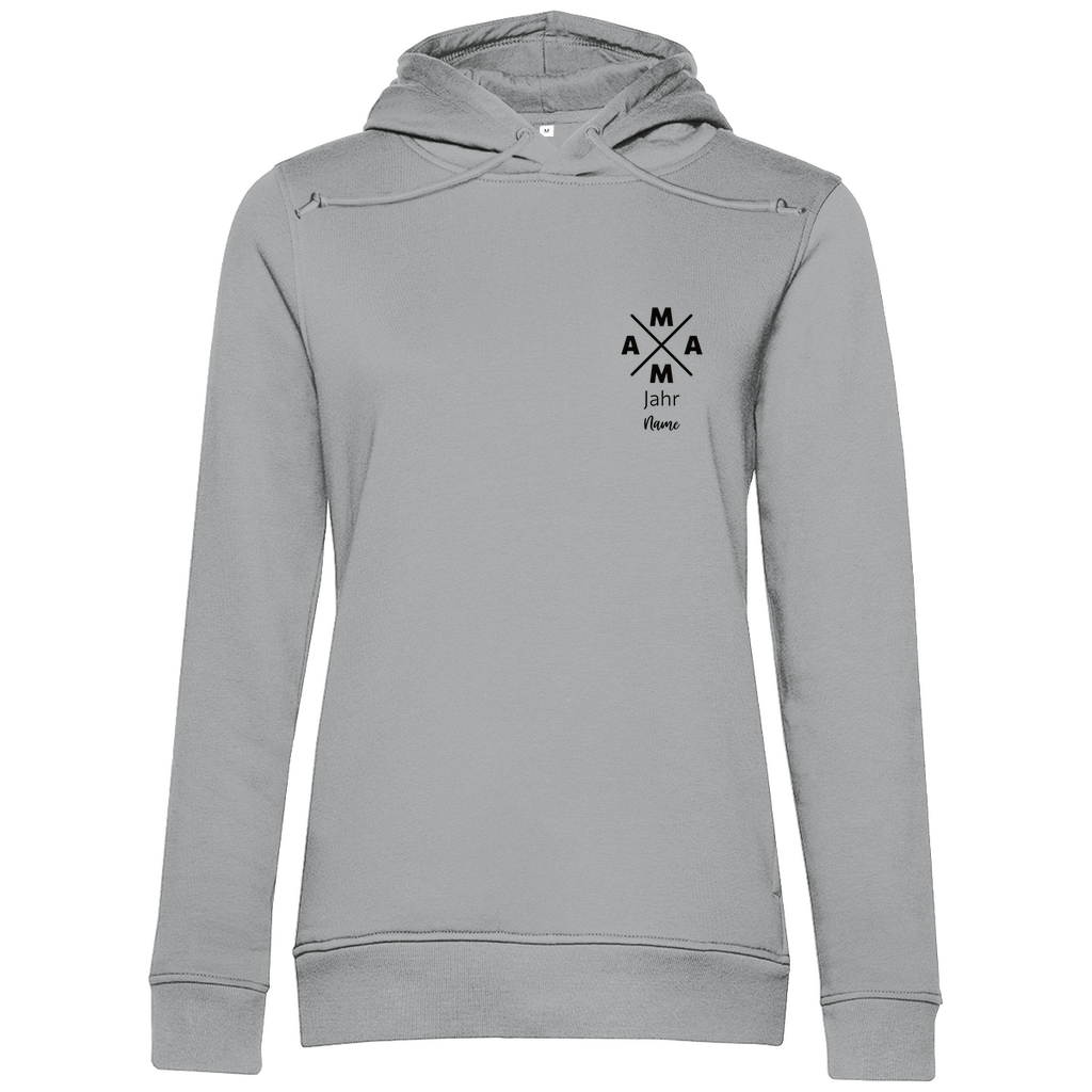 Damen Hoodie „MAMA X Mini“ in Grau – personalisierbarer Kapuzenpullover mit Wunschjahr & Name, modischer Pocket-Print für moderne Mamas. Ideal als Geschenk zur Geburt oder zum Muttertag.
