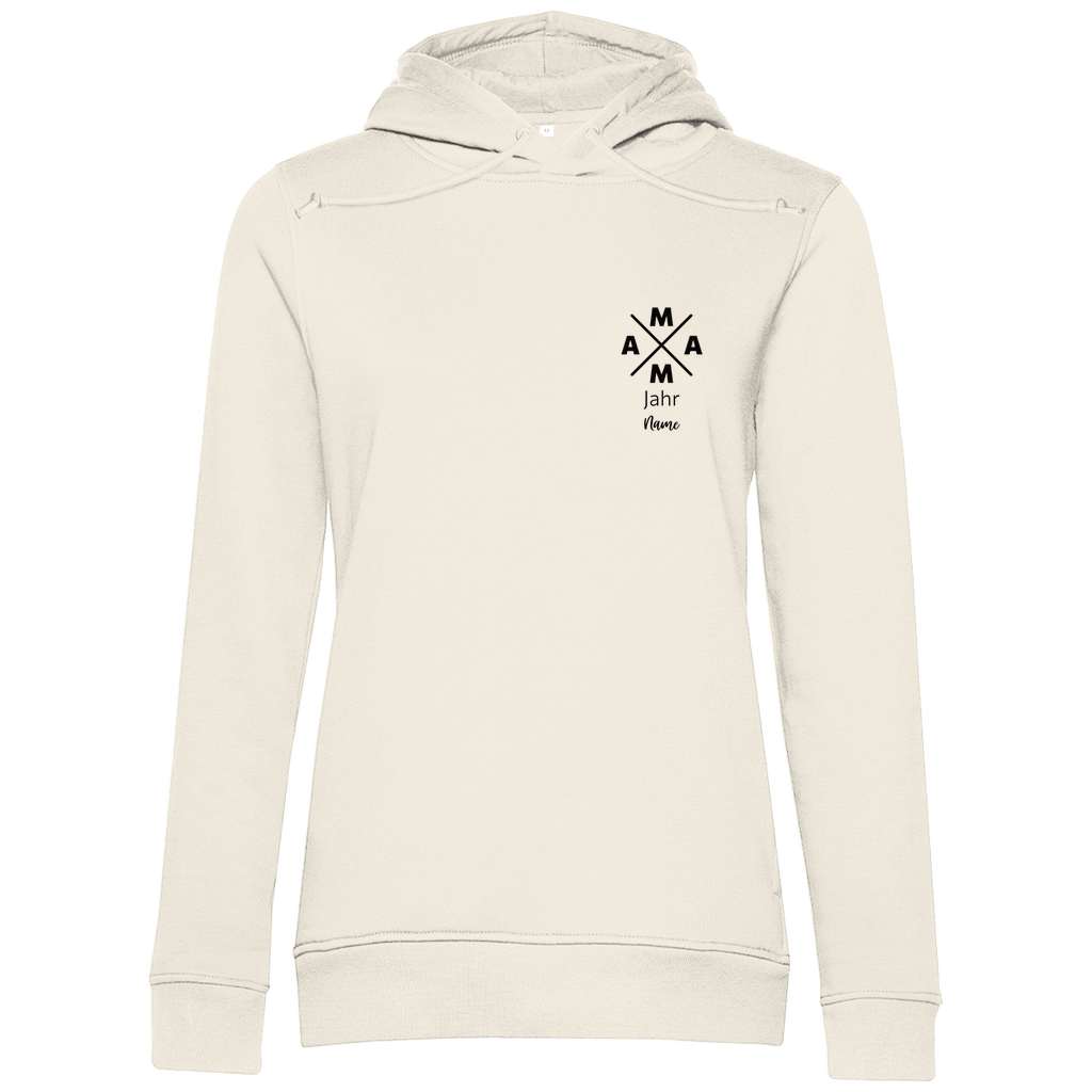 Damen Hoodie „MAMA X Mini“ in Off-White (Beige) – personalisierbarer Kapuzenpullover mit Wunschjahr & Name, modischer Pocket-Print für moderne Mamas. Ideal als Geschenk zur Geburt oder zum Muttertag.