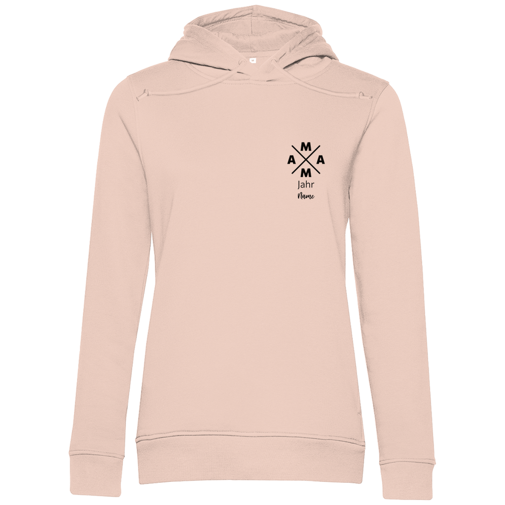 Damen Hoodie „MAMA X Mini“ in Rosa (Altrosa) – personalisierbarer Kapuzenpullover mit Wunschjahr & Name, modischer Pocket-Print für moderne Mamas. Ideal als Geschenk zur Geburt oder zum Muttertag.