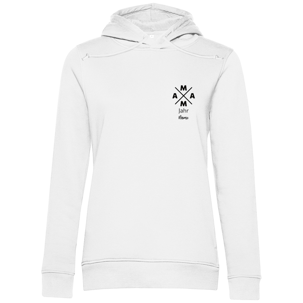Damen Hoodie „MAMA X Mini“ in Weiß – personalisierbarer Kapuzenpullover mit Wunschjahr & Name, modischer Pocket-Print für moderne Mamas. Ideal als Geschenk zur Geburt oder zum Muttertag.