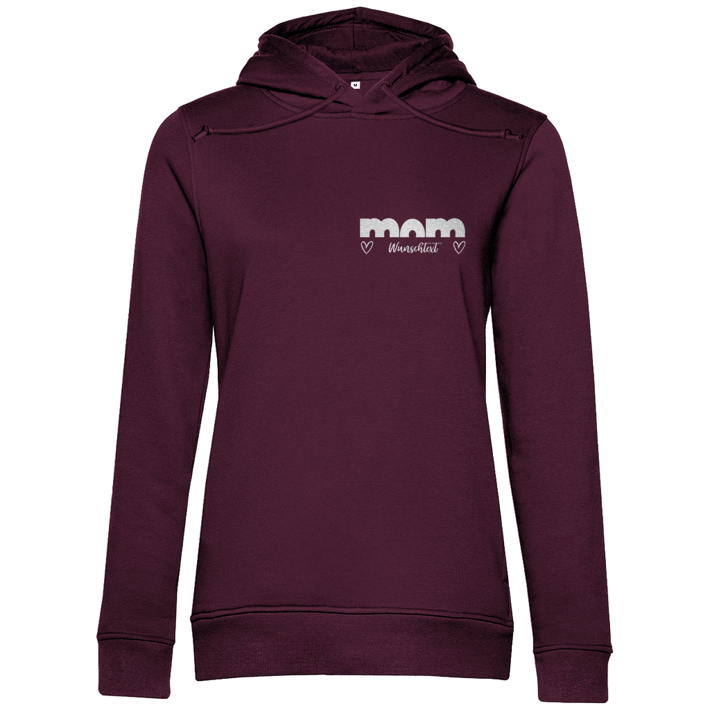 Damen Hoodie „mom Bright“ aus Bio-Baumwolle in Burgundy Rot – personalisierbarer Print mit Herz-Details für stilvolle Mamas